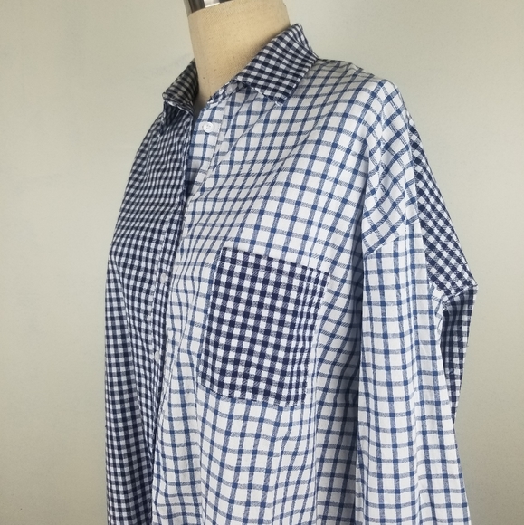 O & O Oversized Plaid Blue White Long Sleeve Shirt - Picture 4 of 10